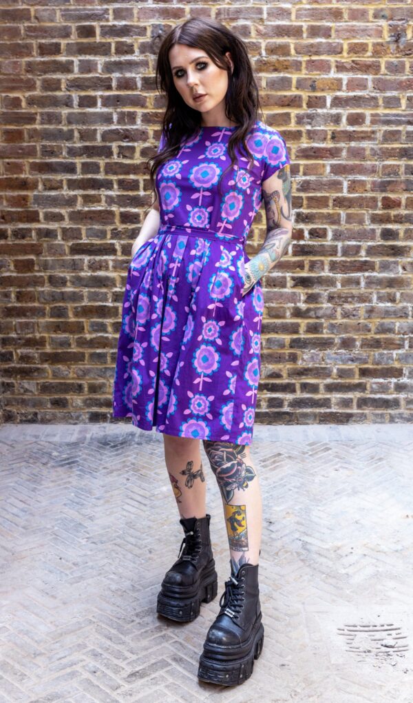 Purple Retro Flowers Tea Dress in Cotton from Run and Fly