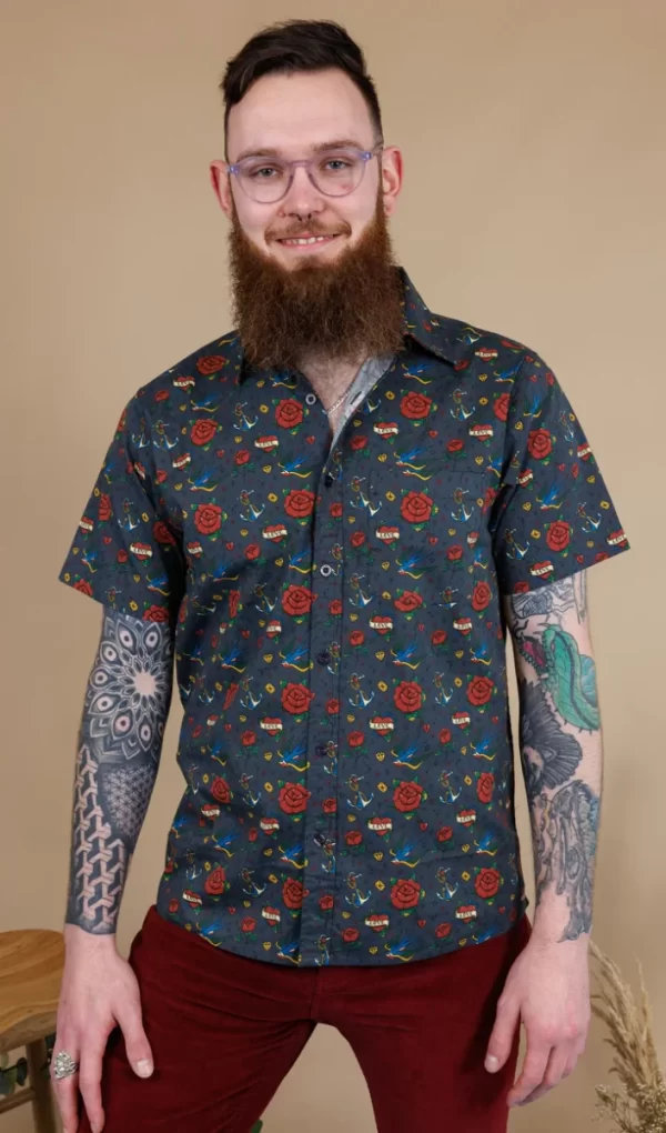 Retro Old School Tattoo Print Short Sleeve Shirt by Run and Fly