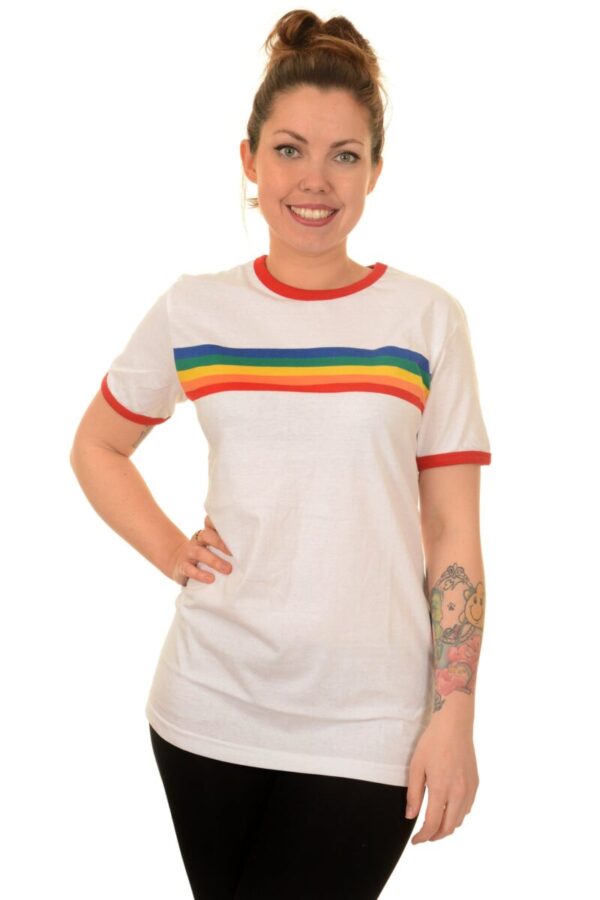 White Rainbow Stripe Retro T Shirt by Run and Fly