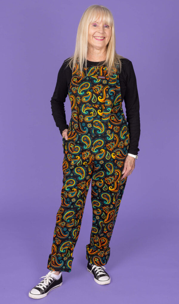 Black Paisley Stretch Twill Dungarees By Run and Fly